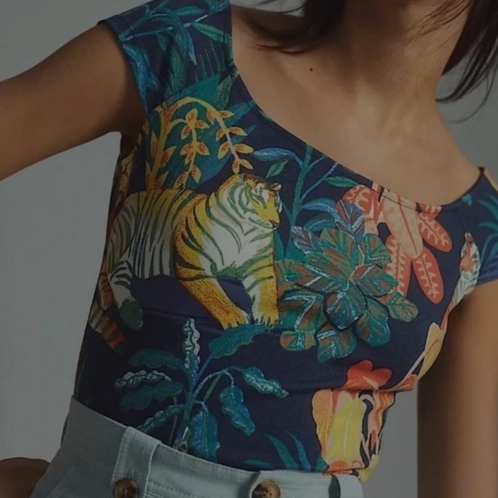 Anthropologie Navy Multicolor Tropical Tiger Print Bodysuit